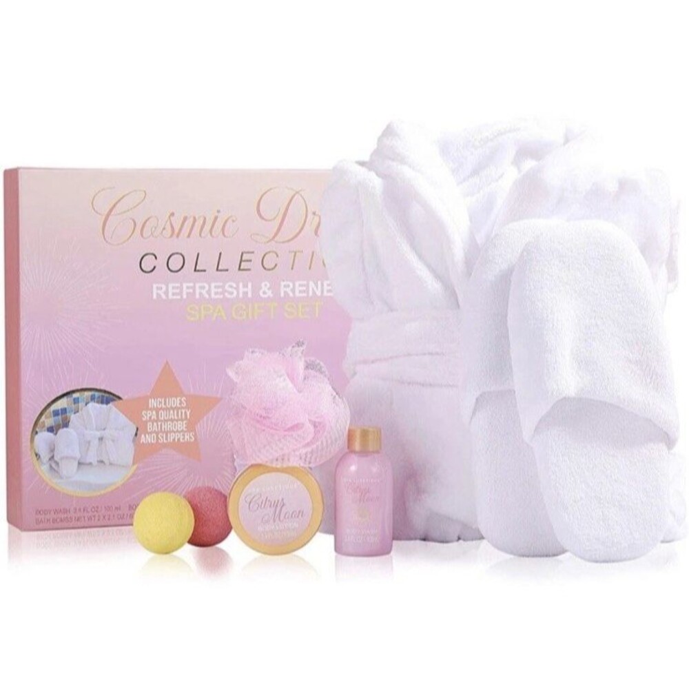 Spa 7 pc Gift Set Women Luxetique Bathrobe,Slippers,Body Wash,Bombs & Lotion NEW
